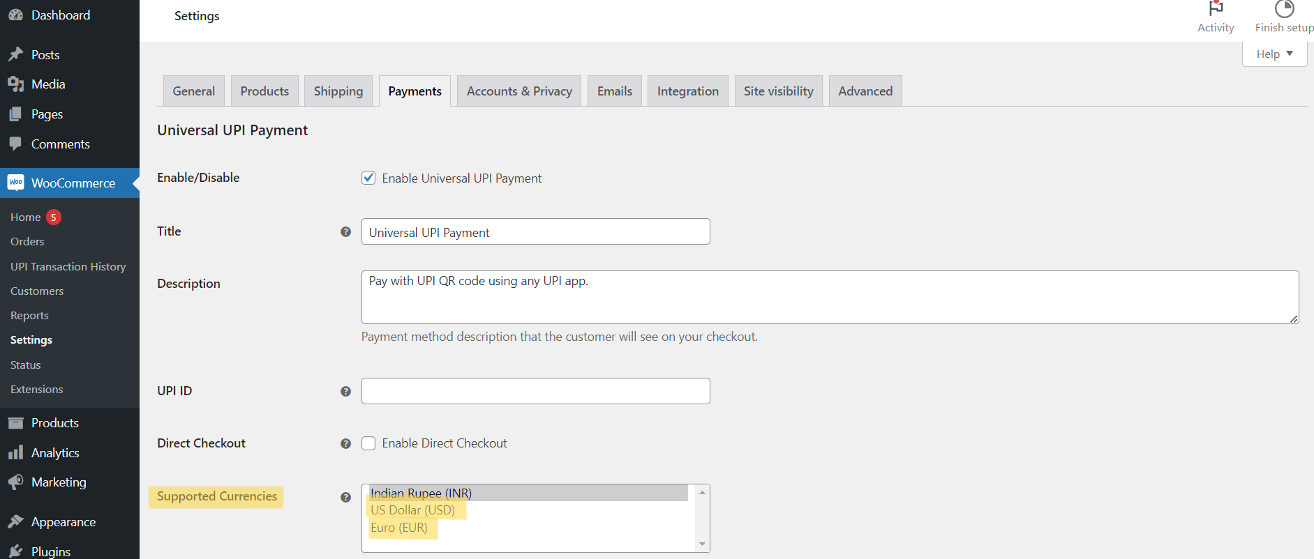 Supported Currencies Screenshot